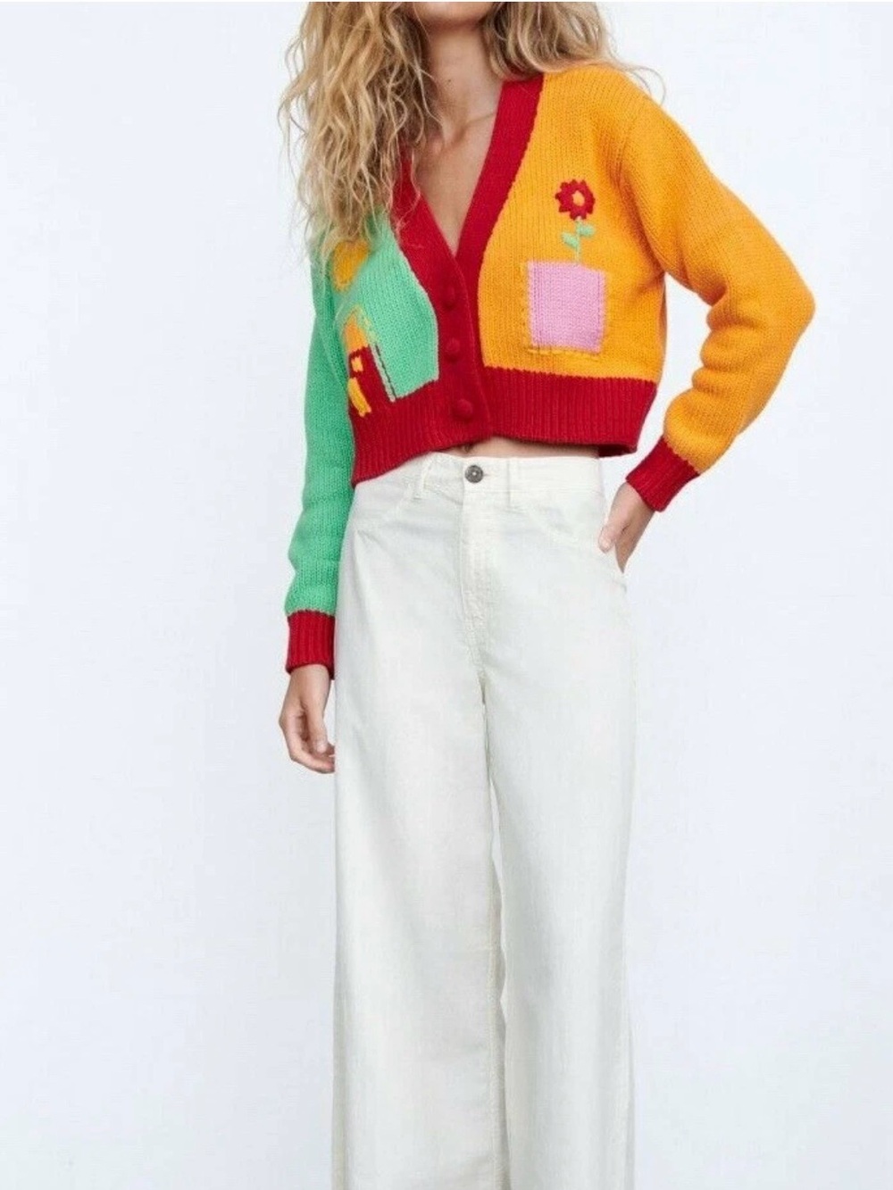 Zara Cropped Colorblock V-Neck Cardigan in Yellow, Green, Red, Pink